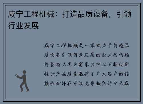 咸宁工程机械：打造品质设备，引领行业发展